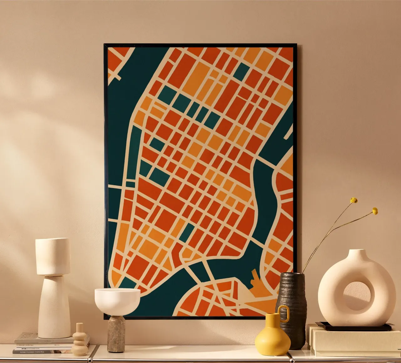New York en Couleurs - Mappa grafica di Manhattan poster con telaio in alluminio da JETLAG | affiches voyage