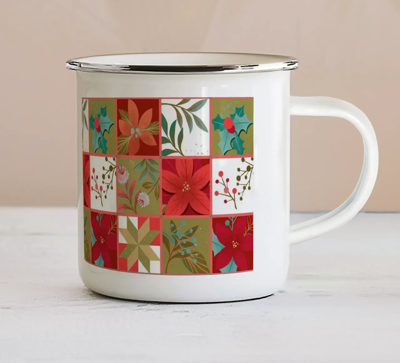 Patchwork Christmas Quilt with Christmas Star Flowers tazza in smalto da klossisch