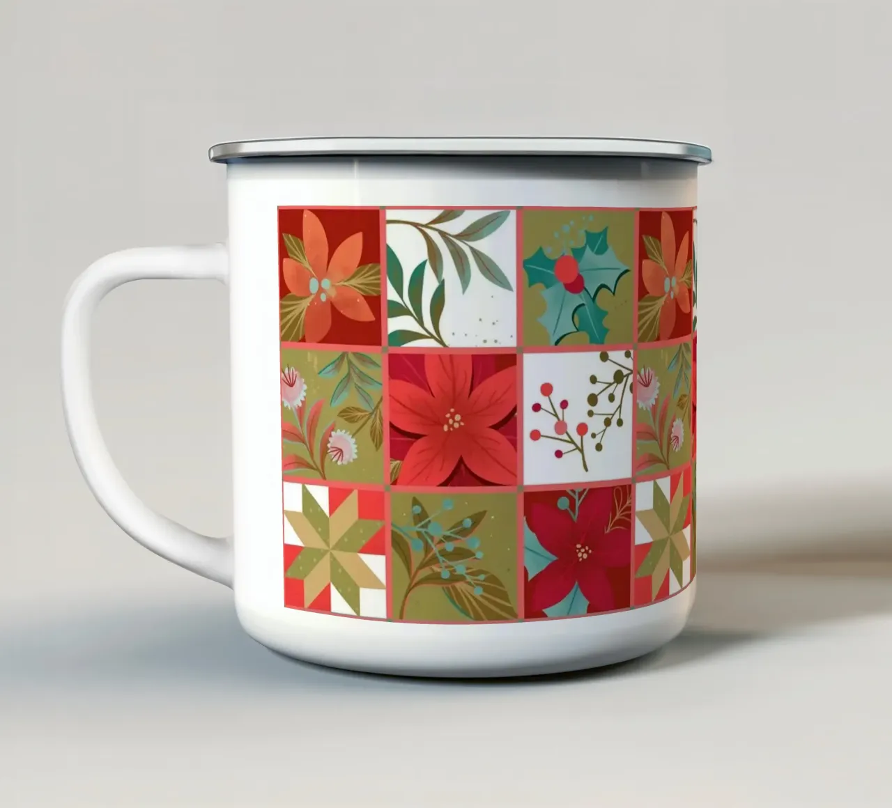 Patchwork Christmas Quilt with Christmas Star Flowers tazza in smalto da klossisch