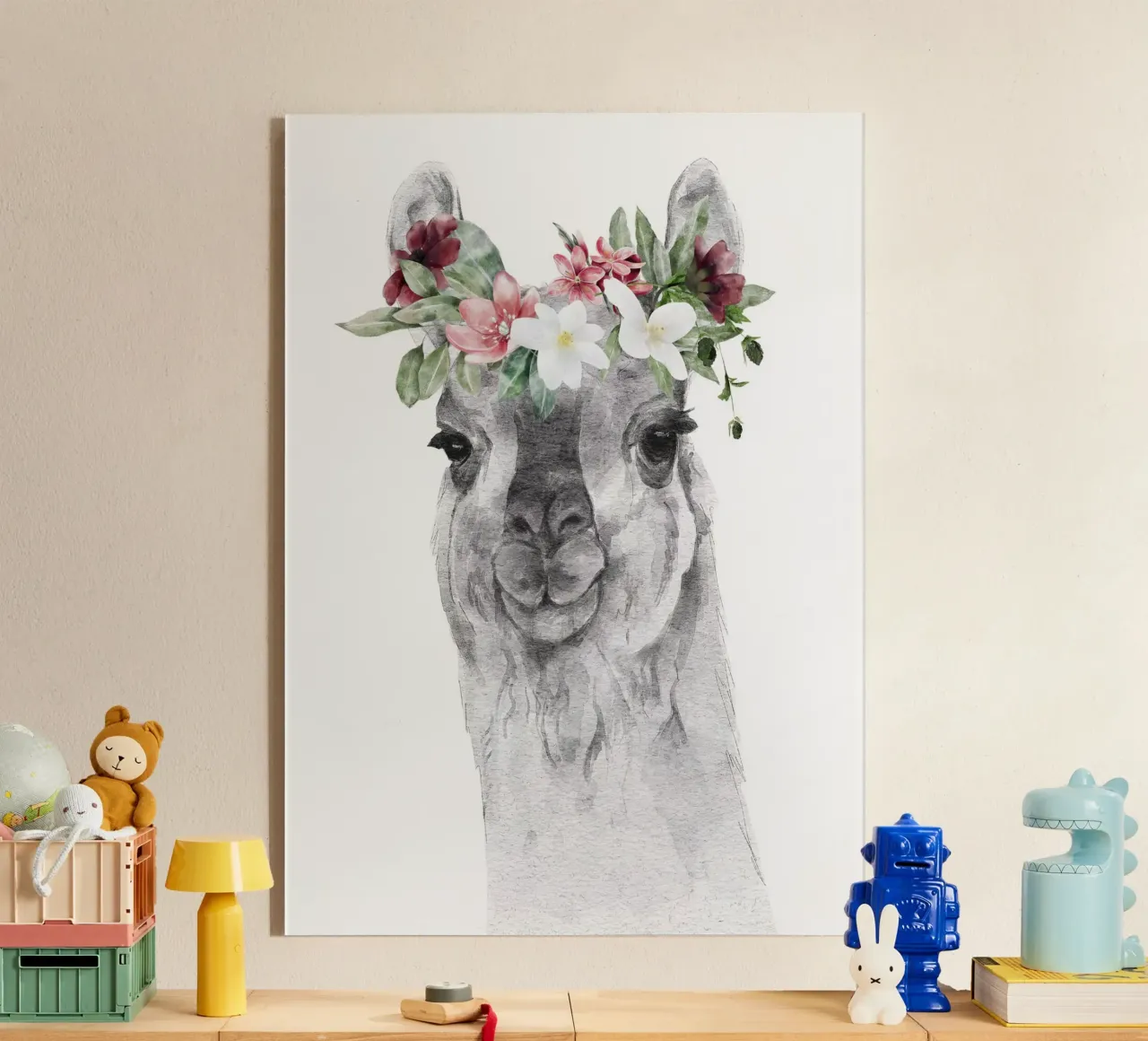 Safari Nursery Print Llama con flores metacrilato de sharemantes