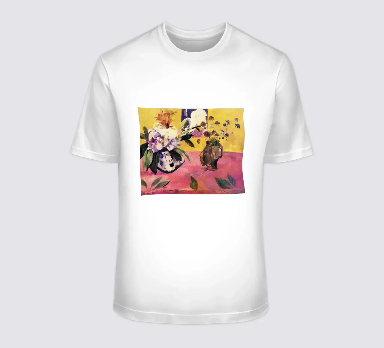 Natura morta con vaso a forma di testa e xilografia giapponese t-shirt da Venus Art