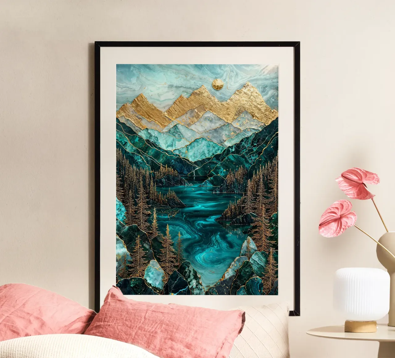 The Lake's Golden Secret poster con telaio in alluminio da Pixaverse