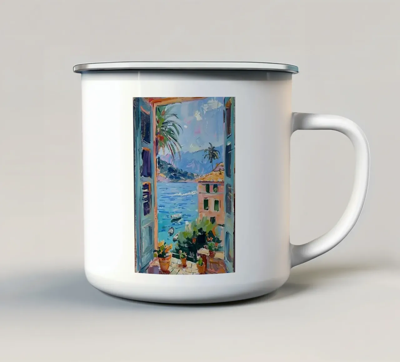 open window see seaside view enamel mug by briyan shop
