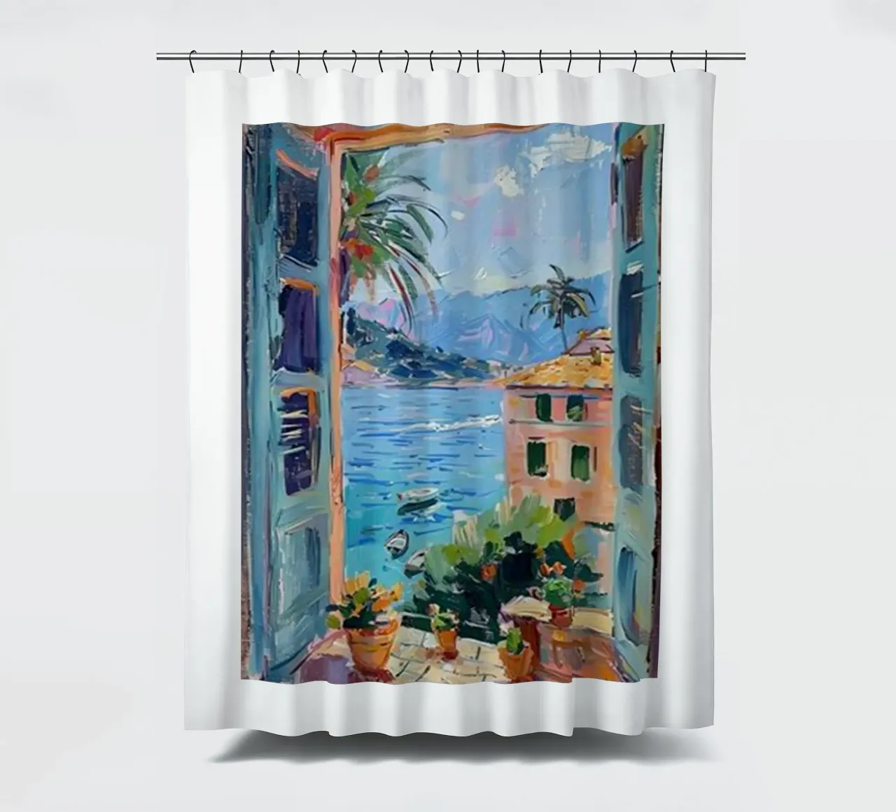 open window see seaside view shower curtain by briyan shop