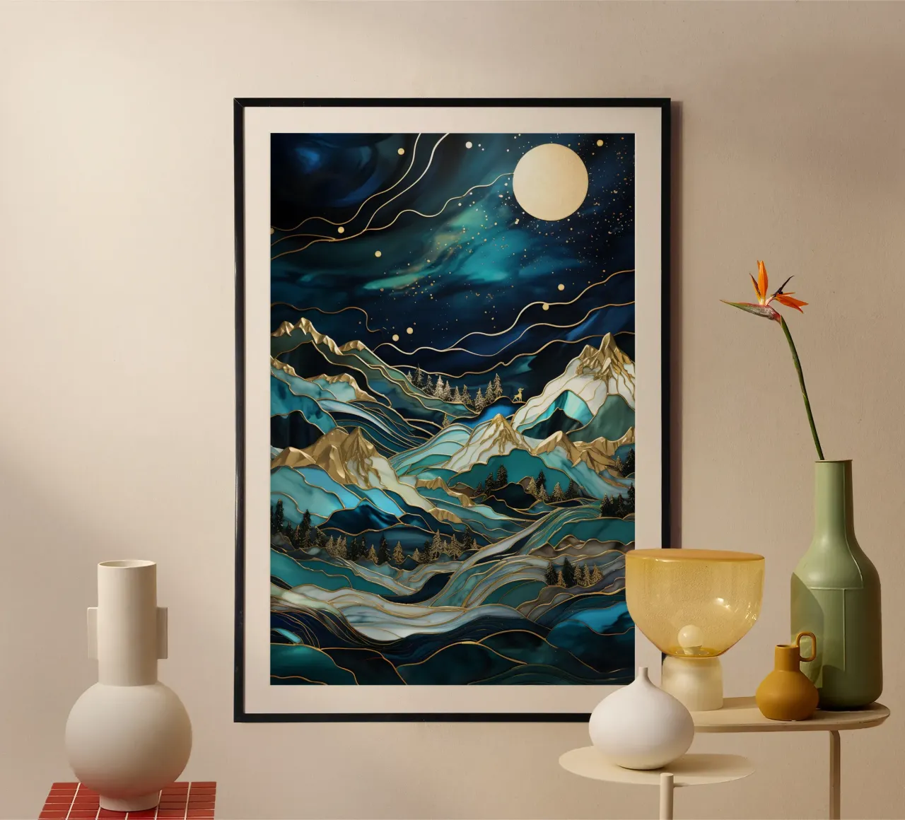 Starry Night Moonlit Peaks poster con telaio in plastica da Pixaverse