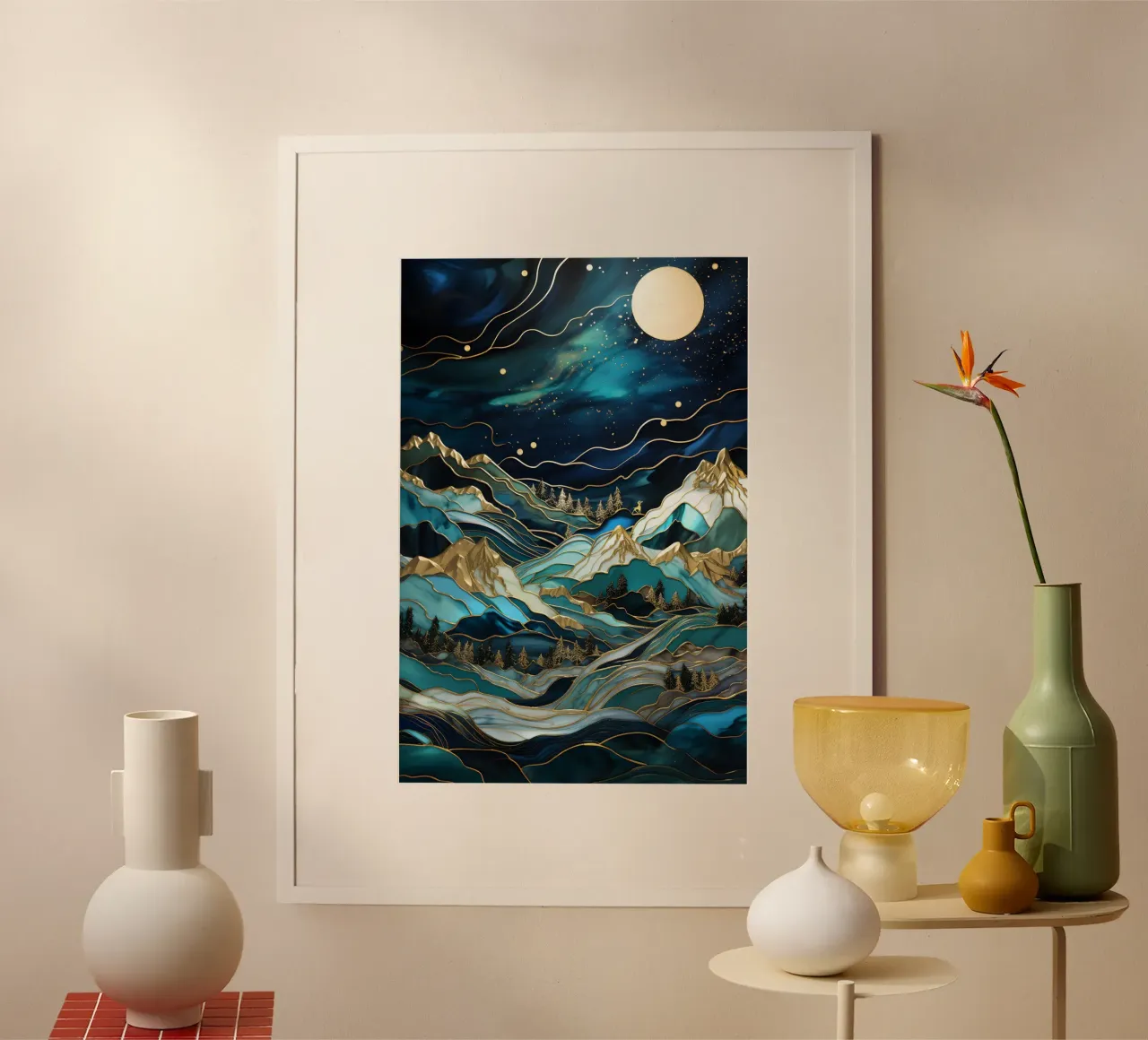 Starry Night Moonlit Peaks poster con telaio in plastica da Pixaverse