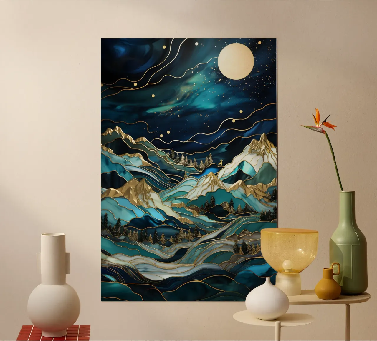 Starry Night Moonlit Peaks poster con telaio in plastica da Pixaverse