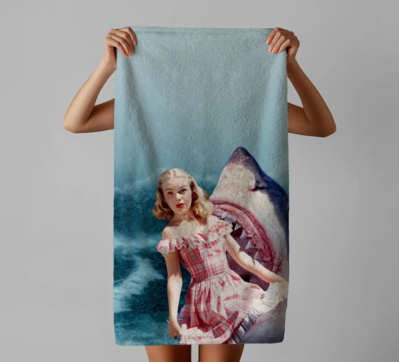 Oops (Girl & Shark) towel by MsGonzalez