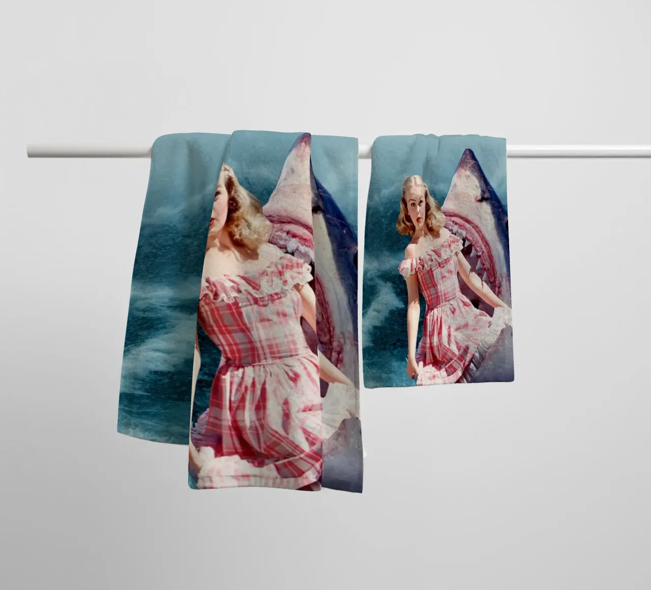 Oops (Girl & Shark) towel by MsGonzalez