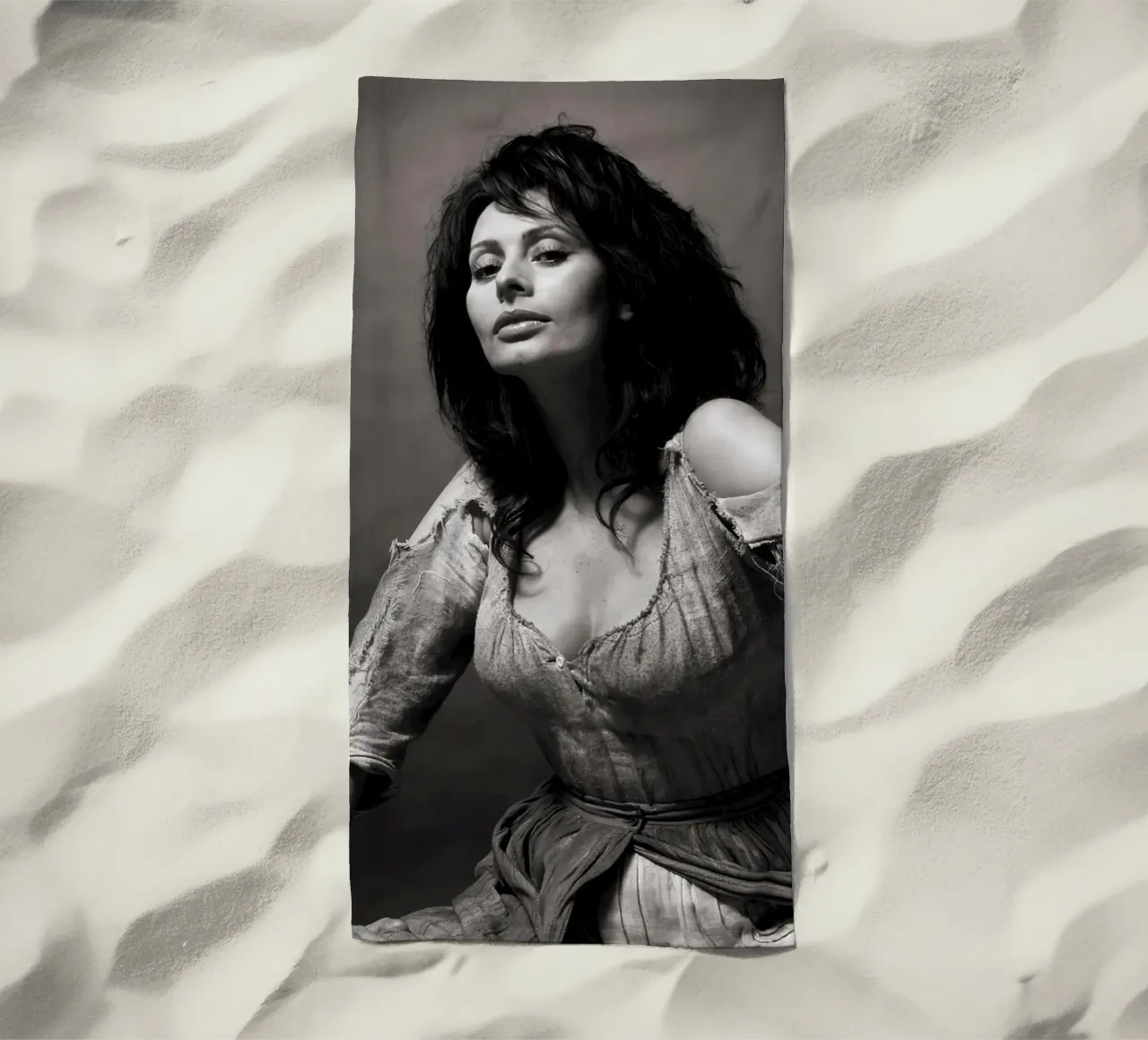 Sophia in Man of La Mancha, 1972 beach towel by Lorraine Mooore