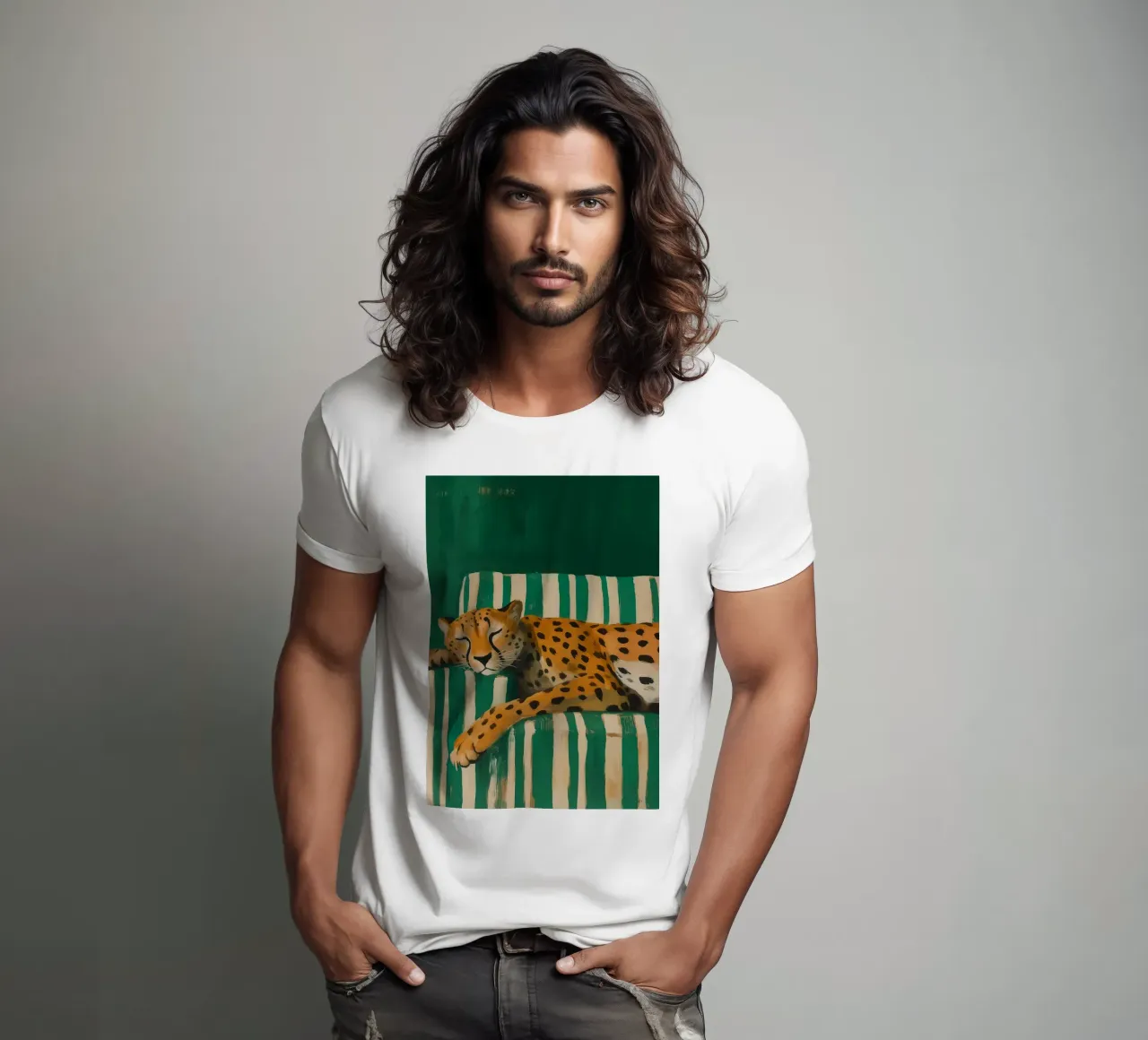 Lazy Cheetah on a Striped Couch t-shirt da Attaboy Dsgn