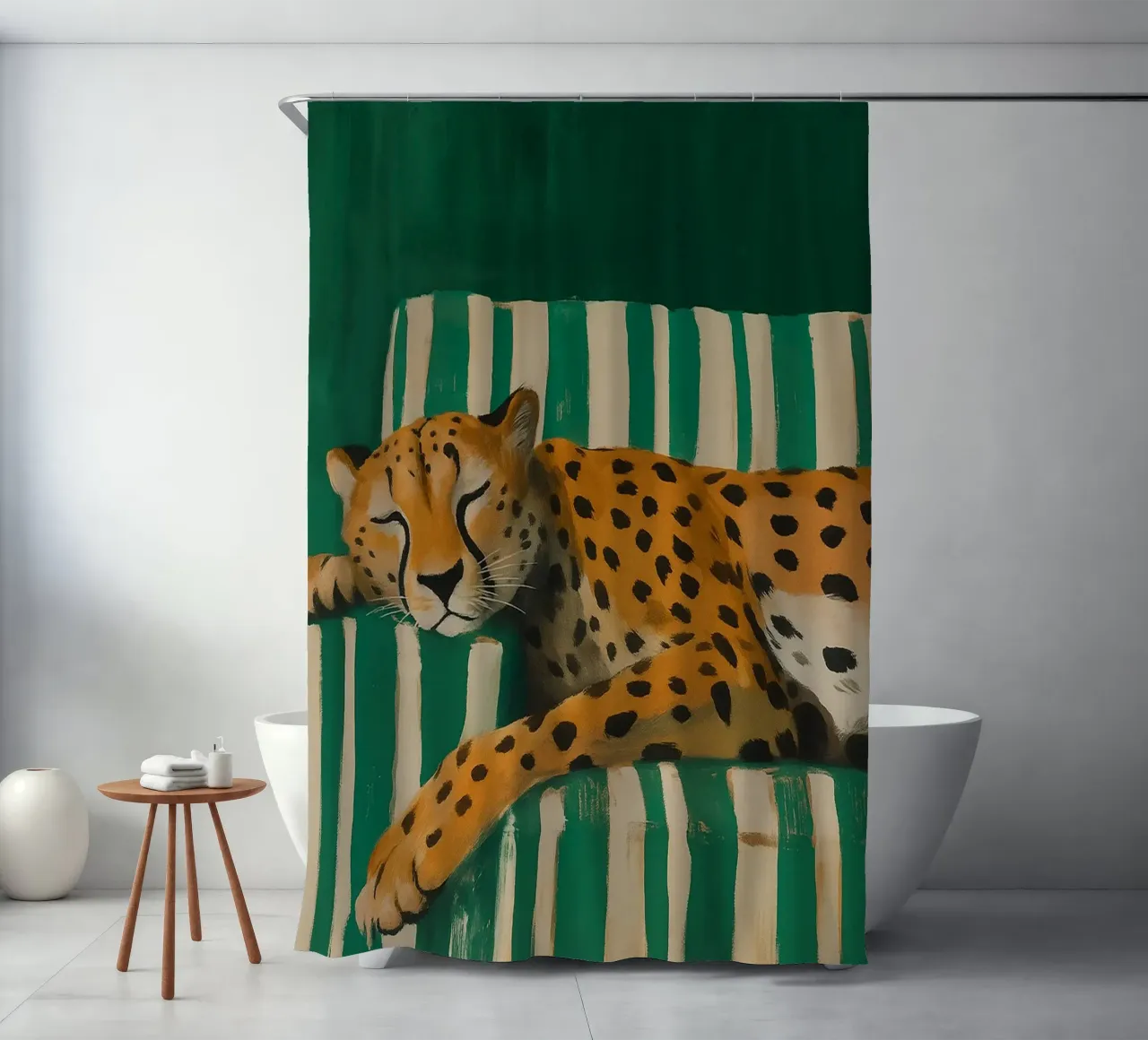 Lazy Cheetah on a Striped Couch Duschvorhang von Attaboy Dsgn