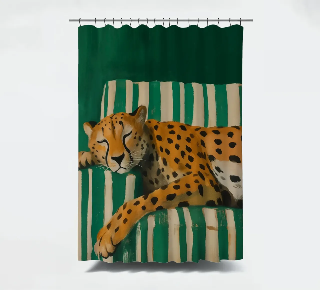 Lazy Cheetah on a Striped Couch Duschvorhang von Attaboy Dsgn