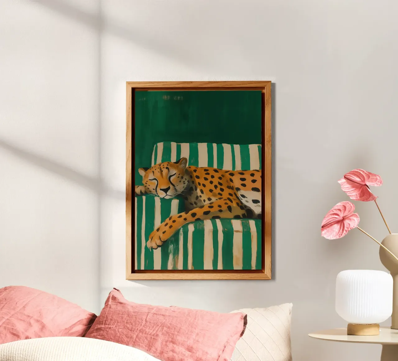 Lazy Cheetah on a Striped Couch alluminio dibond da Attaboy Dsgn