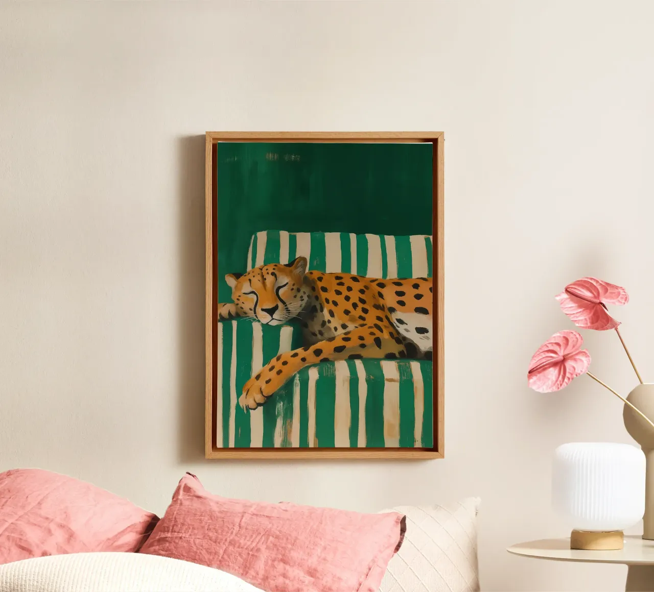 Lazy Cheetah on a Striped Couch canvas van Attaboy Dsgn