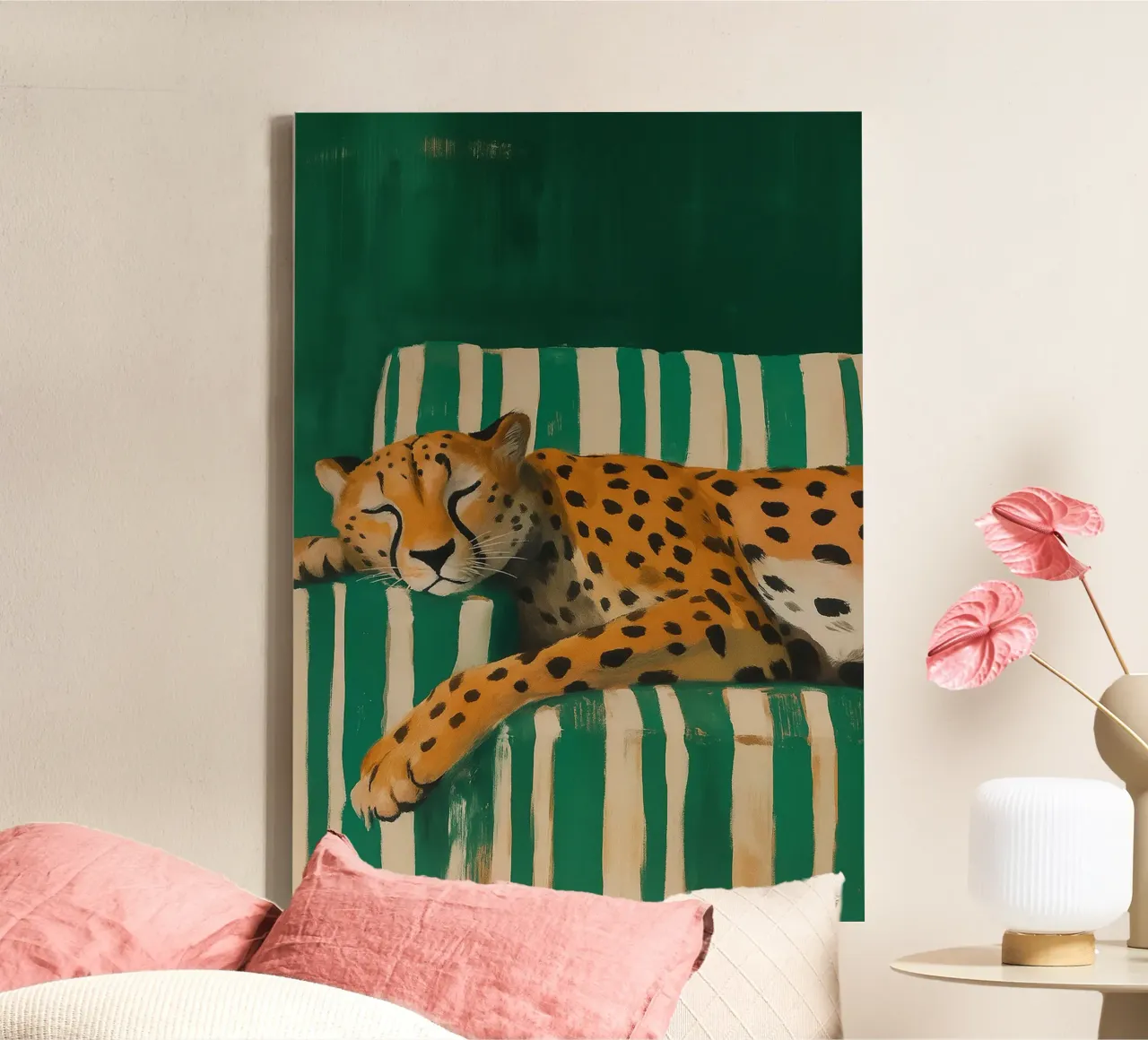 Lazy Cheetah on a Striped Couch canvas van Attaboy Dsgn