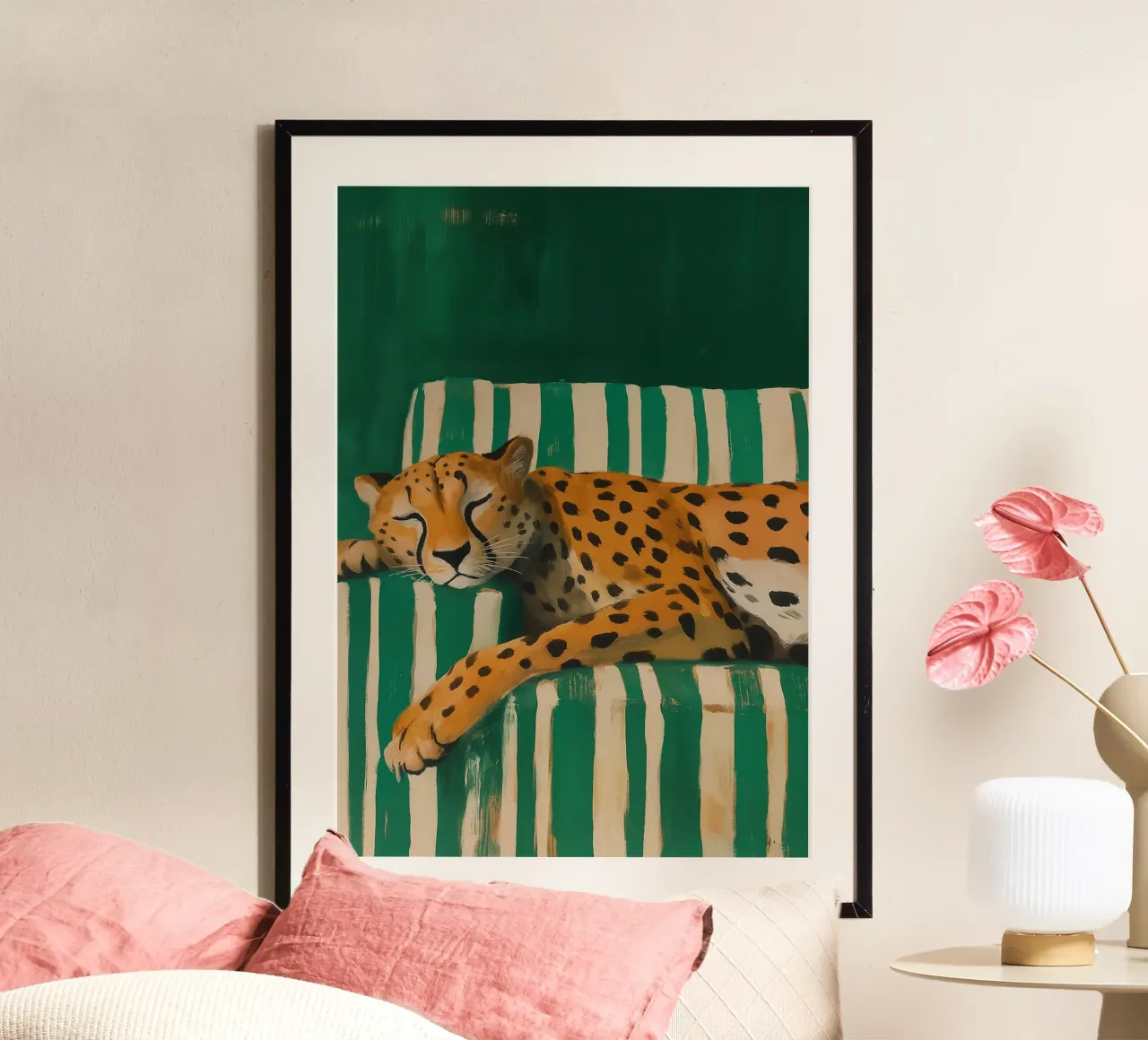 Lazy Cheetah on a Striped Couch carta hahnemühle da Attaboy Dsgn