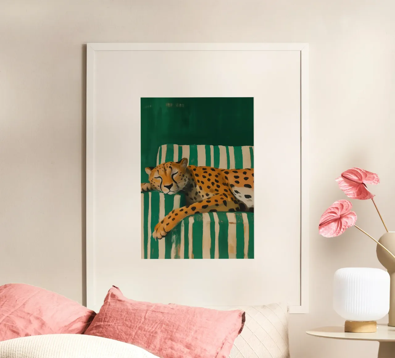 Lazy Cheetah on a Striped Couch carta hahnemühle da Attaboy Dsgn