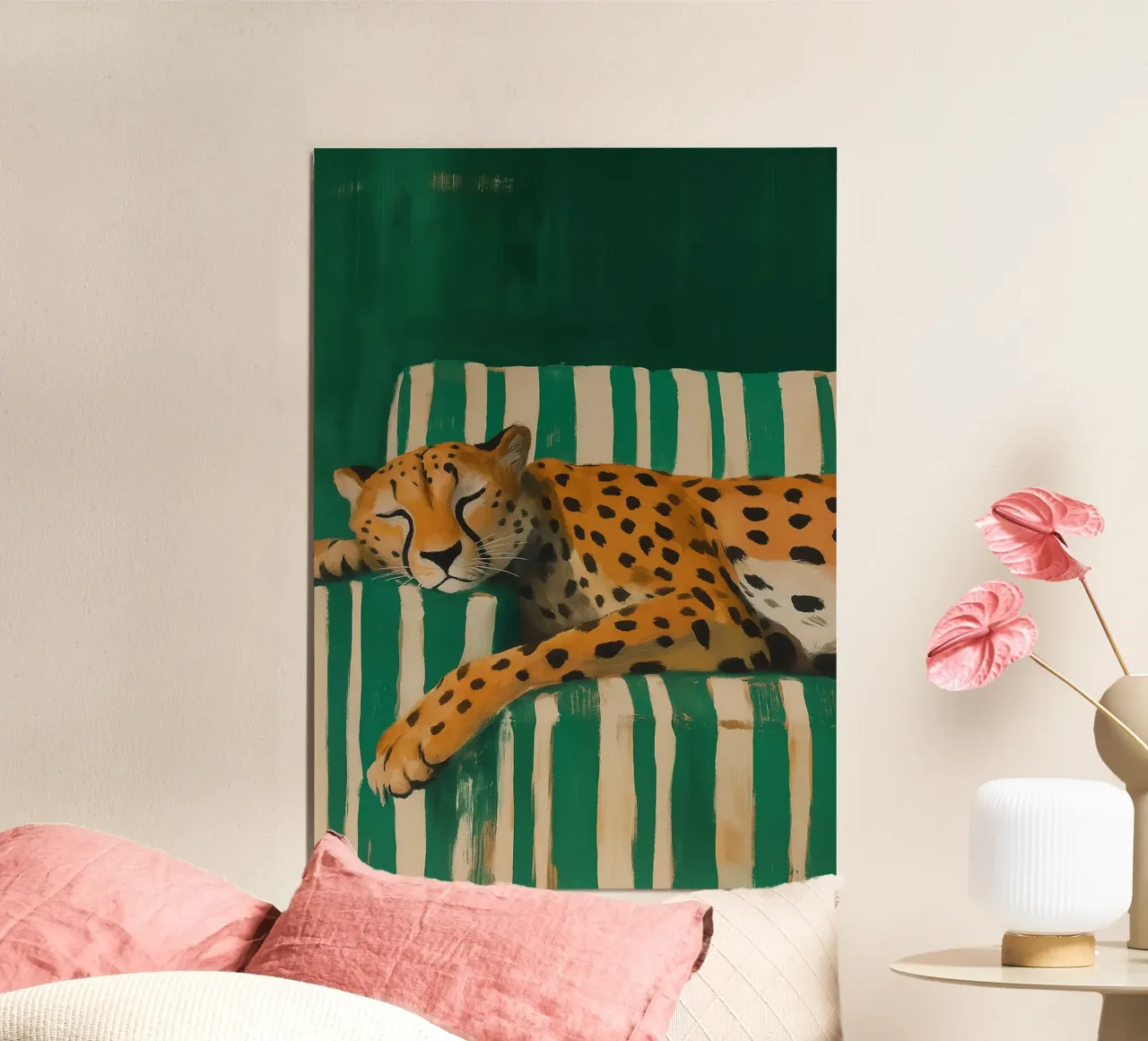 Lazy Cheetah on a Striped Couch carta hahnemühle da Attaboy Dsgn