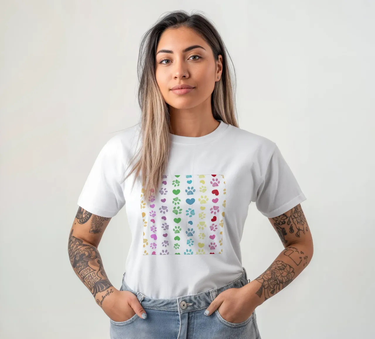Colorful paw print with hearts pattern t-shirt by gulsengunel