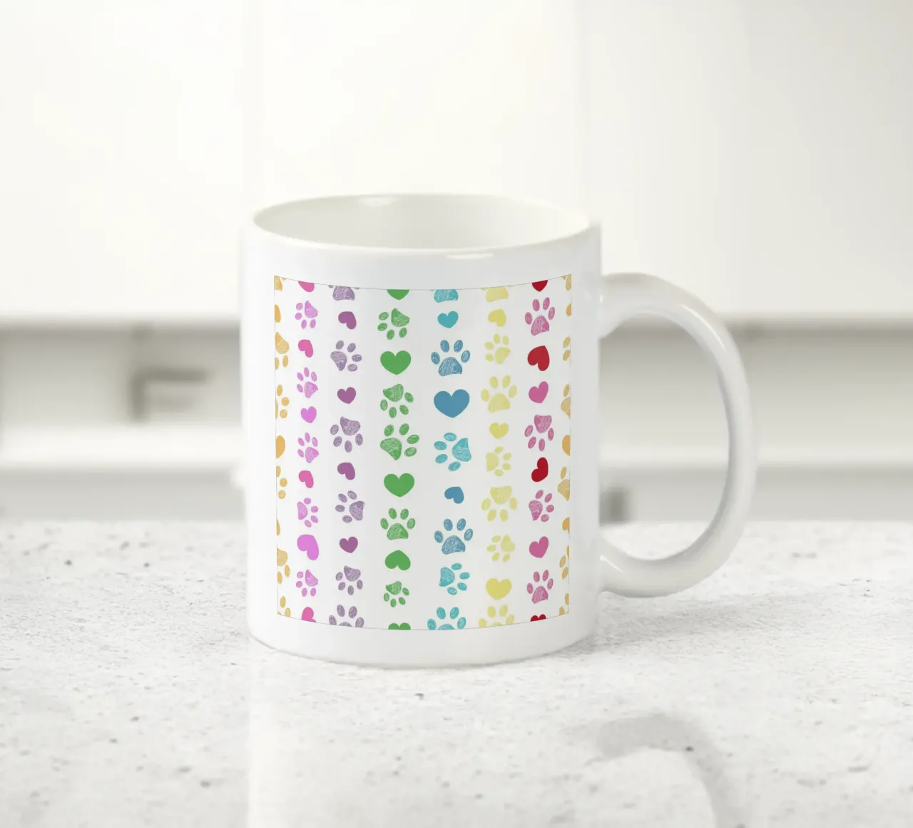 Colorful paw print with hearts pattern ceramic mug by gulsengunel