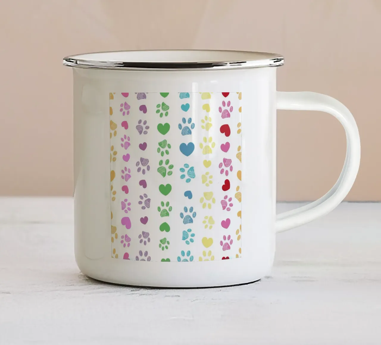 Colorful paw print with hearts pattern enamel mug by gulsengunel