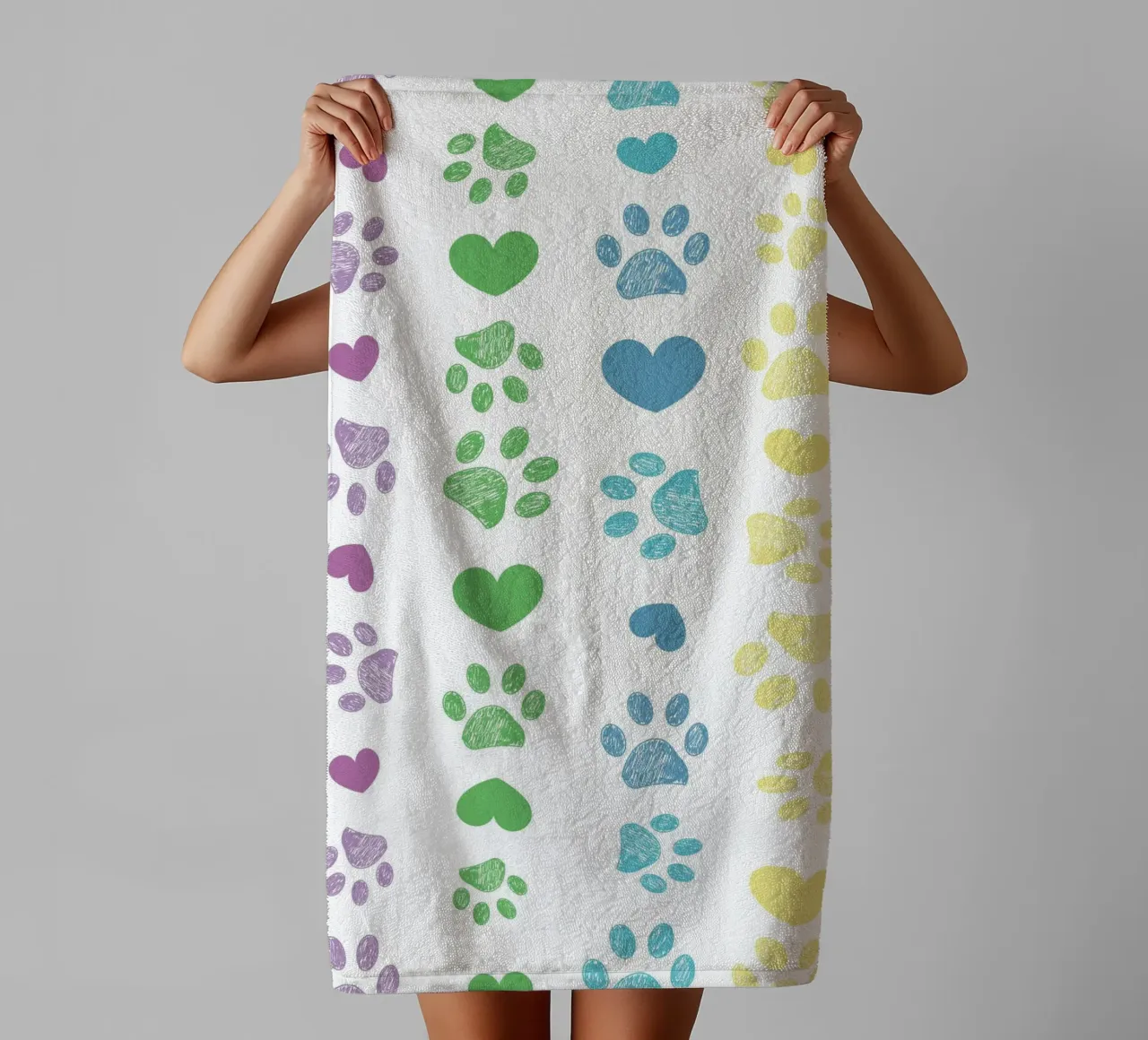 Colorful paw print with hearts pattern towel by gulsengunel