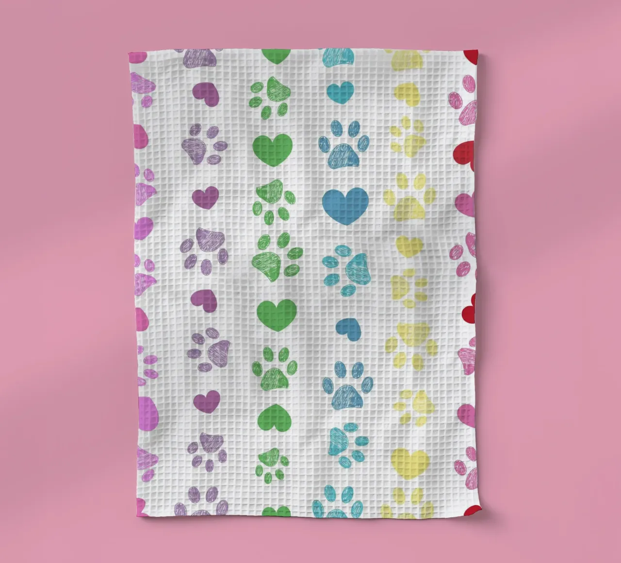 Colorful paw print with hearts pattern tea towel by gulsengunel