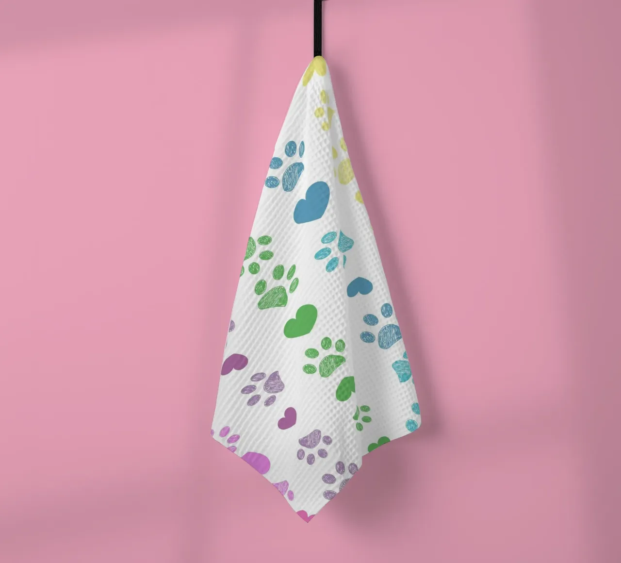 Colorful paw print with hearts pattern tea towel by gulsengunel