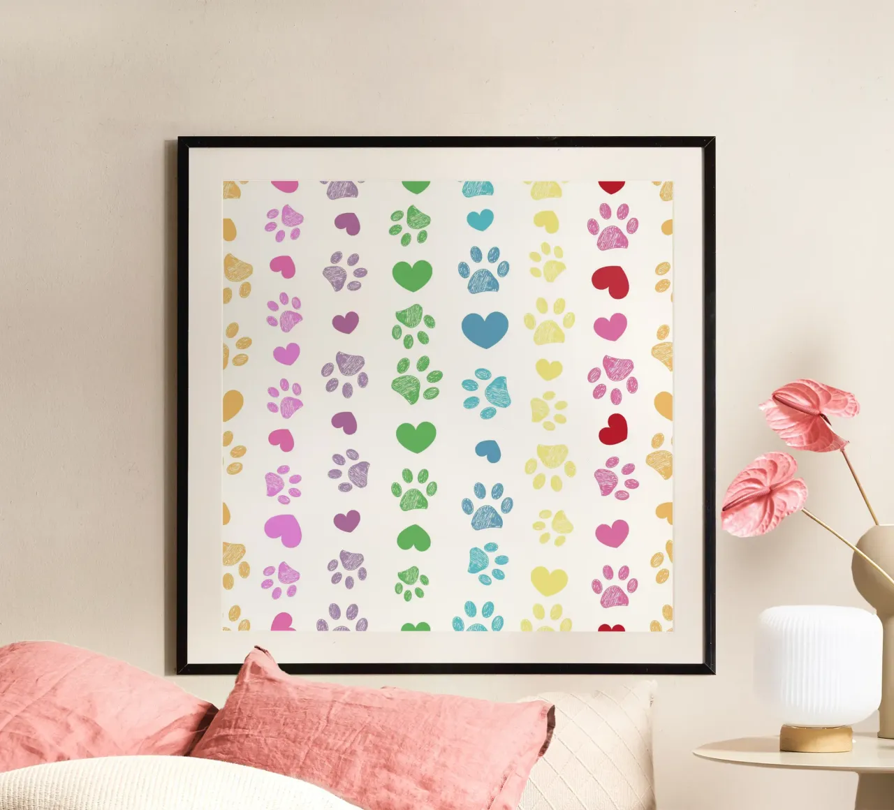 Colorful paw print with hearts pattern hahnemühle by gulsengunel