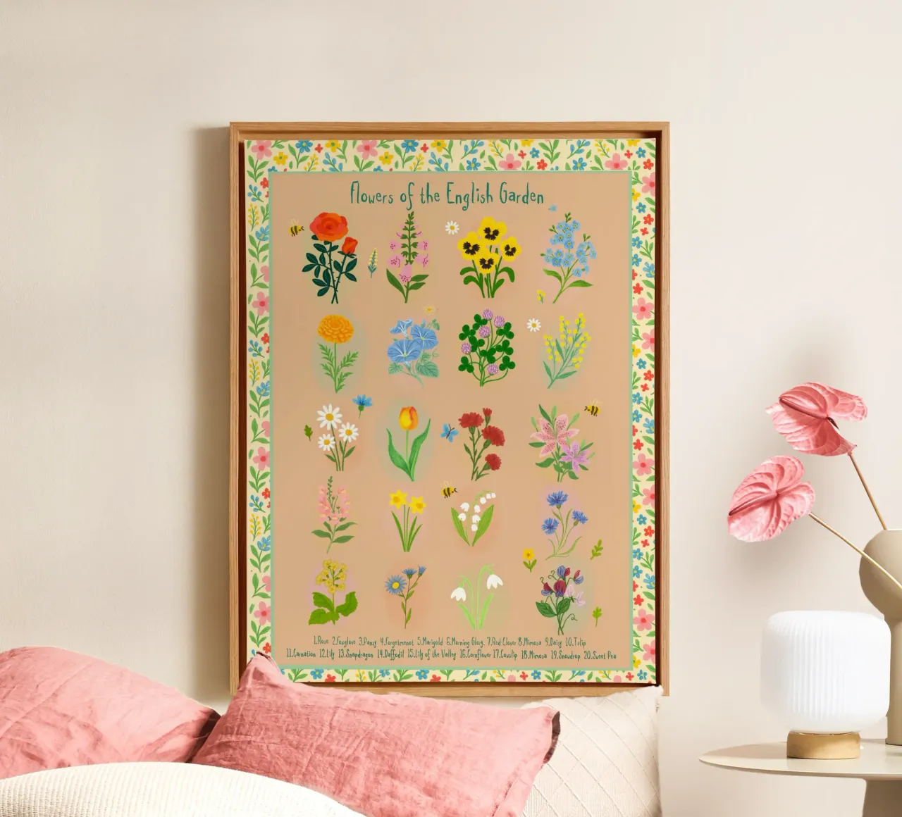 Bloemen van de Engelse tuin canvas met Baklijst van Taika Tori Art