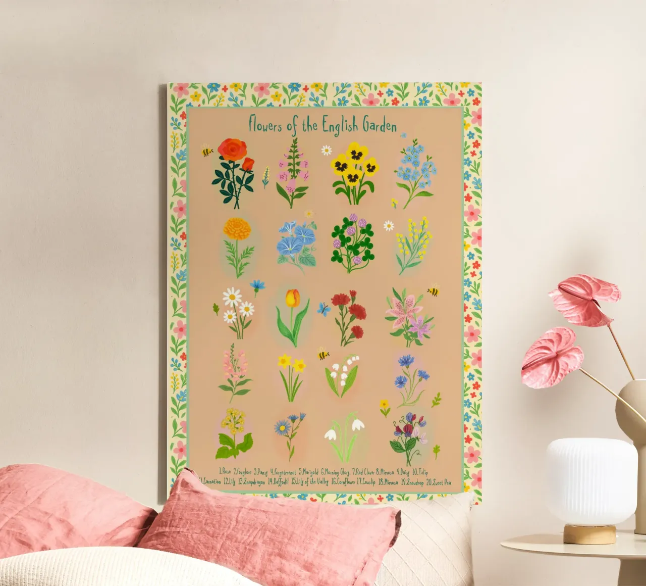 Bloemen van de Engelse tuin canvas met Baklijst van Taika Tori Art