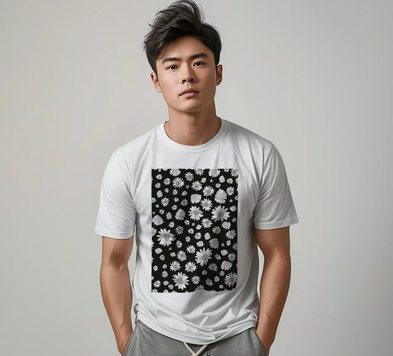 Modello di margherita semplice in bianco e nero t-shirt da gulsengunel