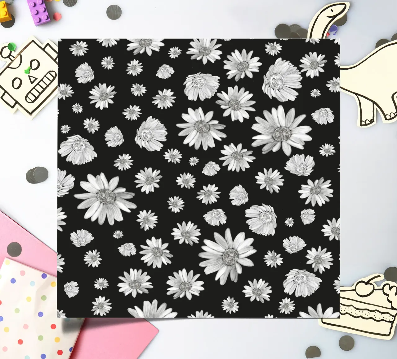 Modello di margherita semplice in bianco e nero foglio adesivo da gulsengunel