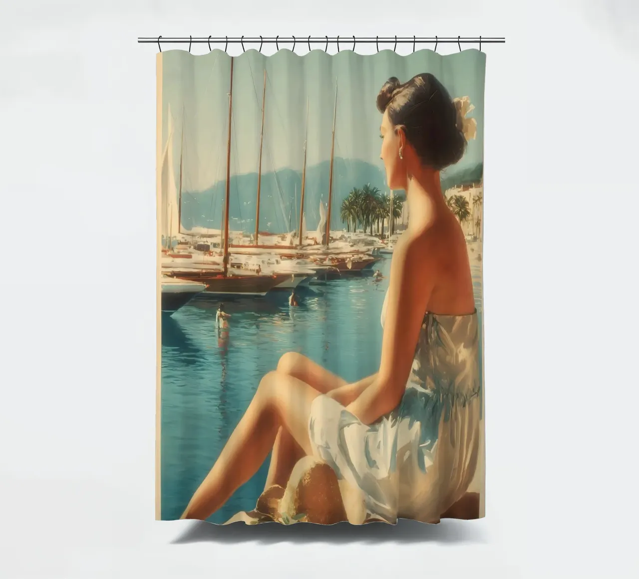 Manifesti di viaggio d'epoca di Cannes tenda da doccia da Vintage Travel Art
