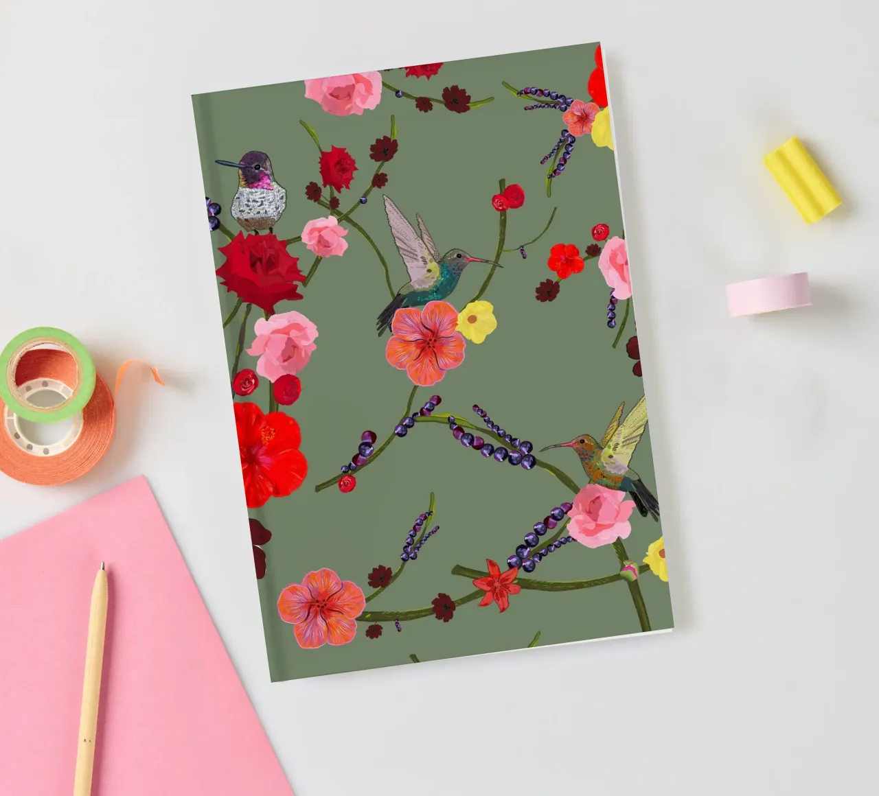 Birds With Hibiscus and Roses Pattern notebook by gulsengunel