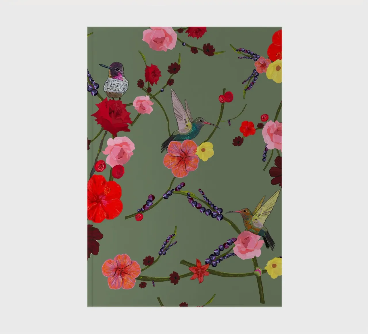 Birds With Hibiscus and Roses Pattern notebook by gulsengunel