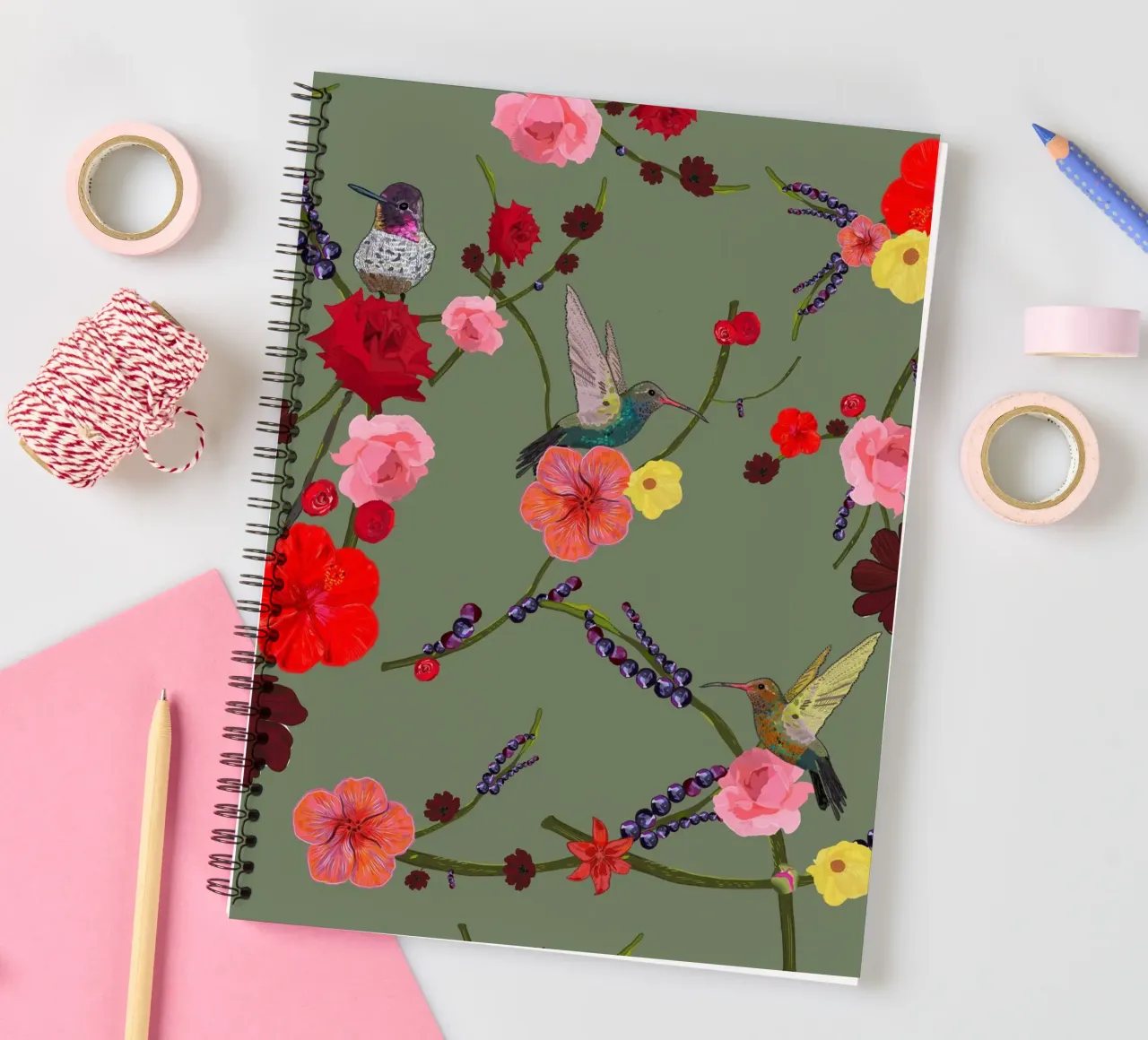 Birds With Hibiscus and Roses Pattern spiral notebook by gulsengunel