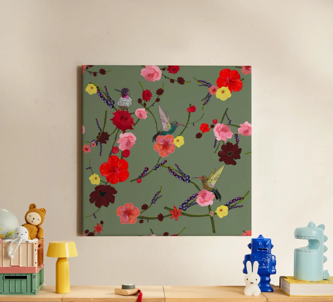 Birds With Hibiscus and Roses Pattern canvas by gulsengunel