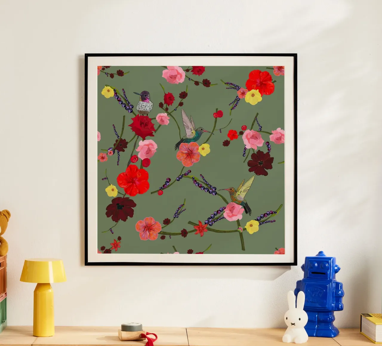 Birds With Hibiscus and Roses Pattern poster by gulsengunel