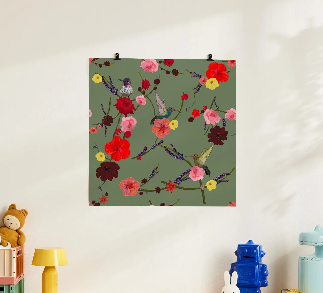 Birds With Hibiscus and Roses Pattern poster by gulsengunel