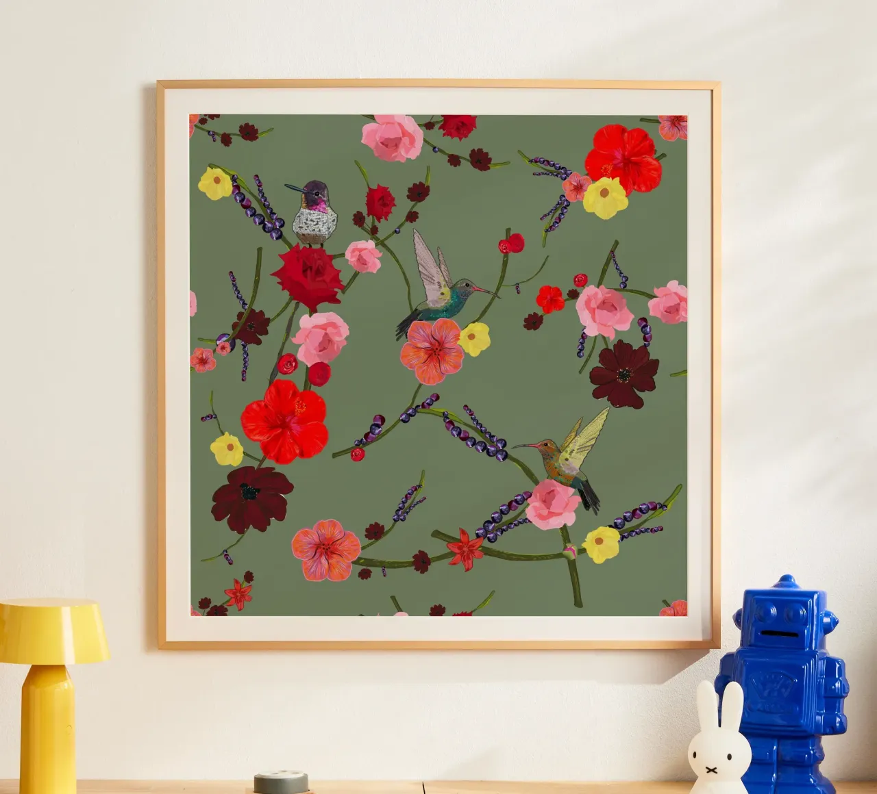 Birds With Hibiscus and Roses Pattern poster by gulsengunel