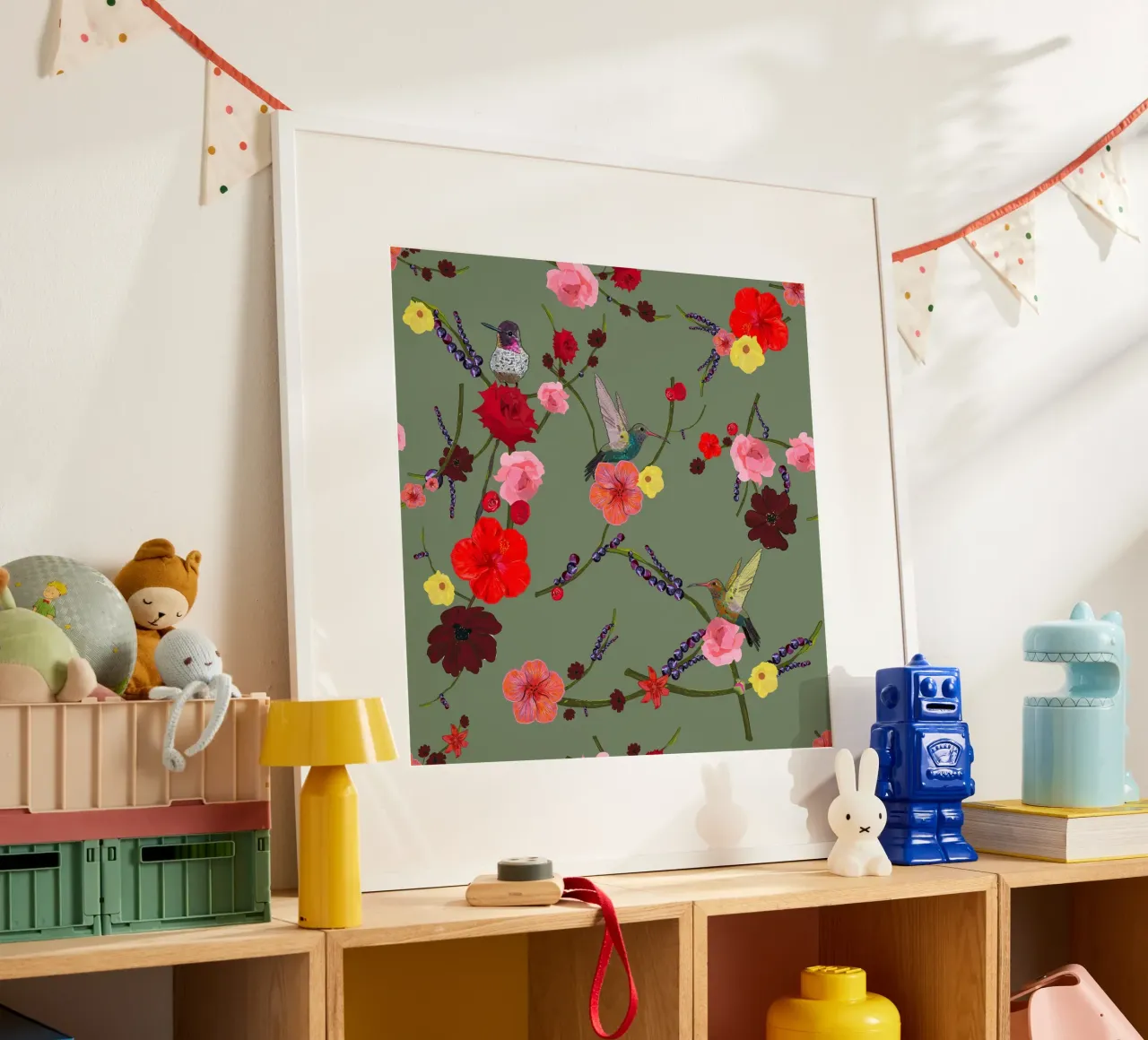 Birds With Hibiscus and Roses Pattern poster by gulsengunel