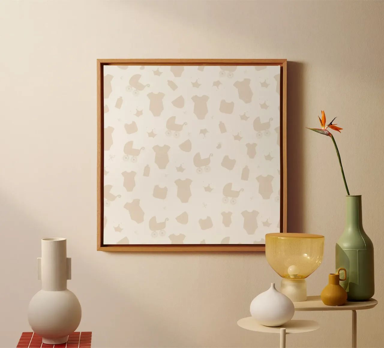 Baby symbol neutral cream colored pattern canvas with Floater frame by gulsengunel