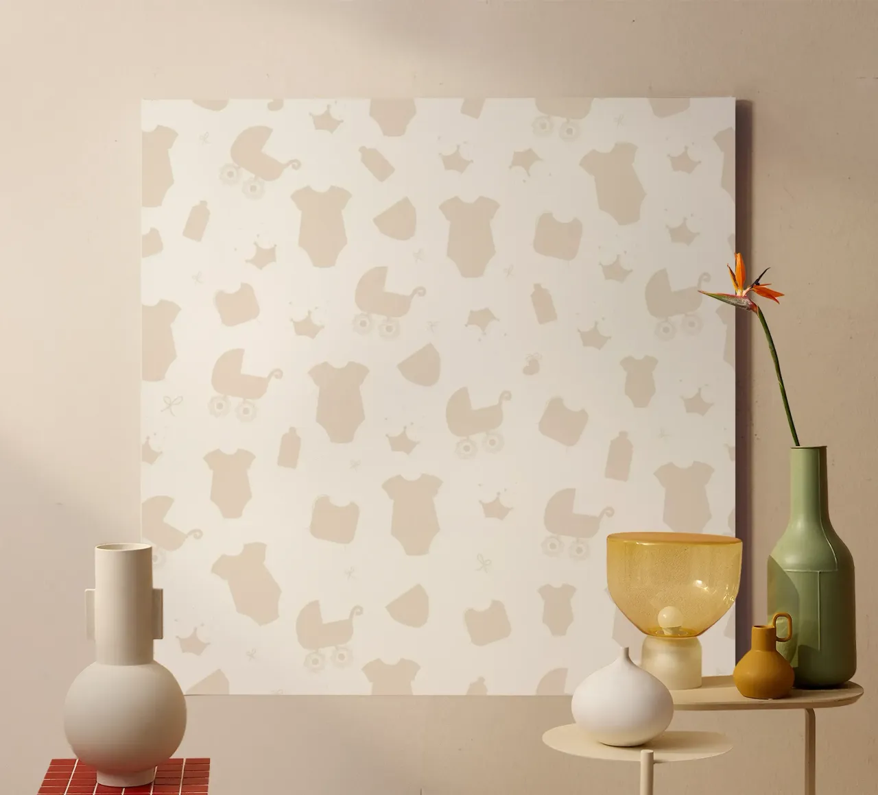 Baby symbol neutral cream colored pattern canvas with Floater frame by gulsengunel