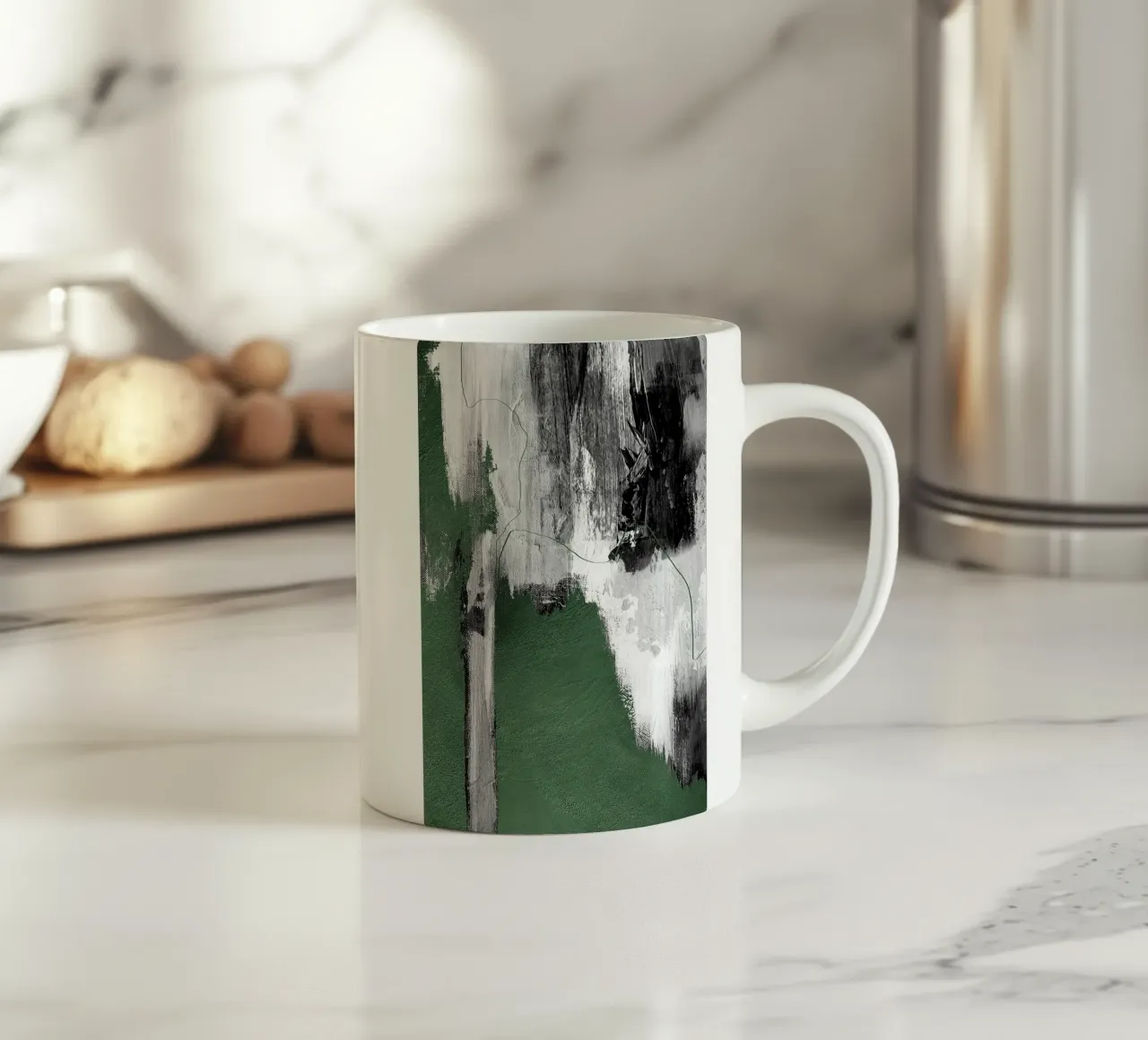 abstract black, gray, and green brushstrokes tazza in ceramica da vintageshop