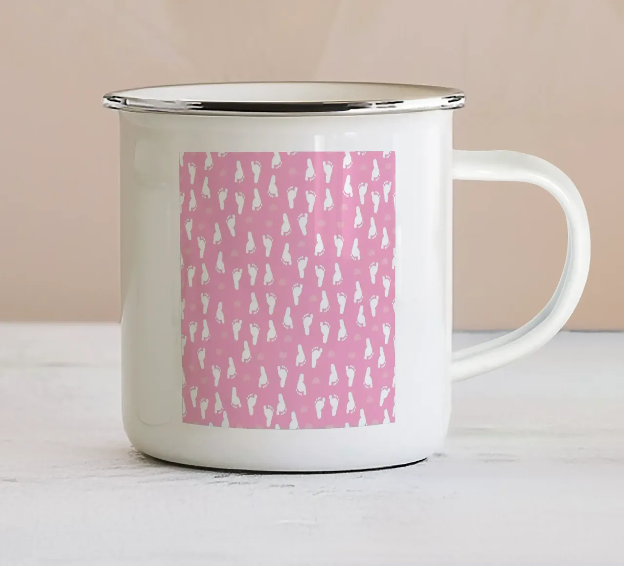 Baby foot print and hearts pattern with pink background enamel mug by gulsengunel