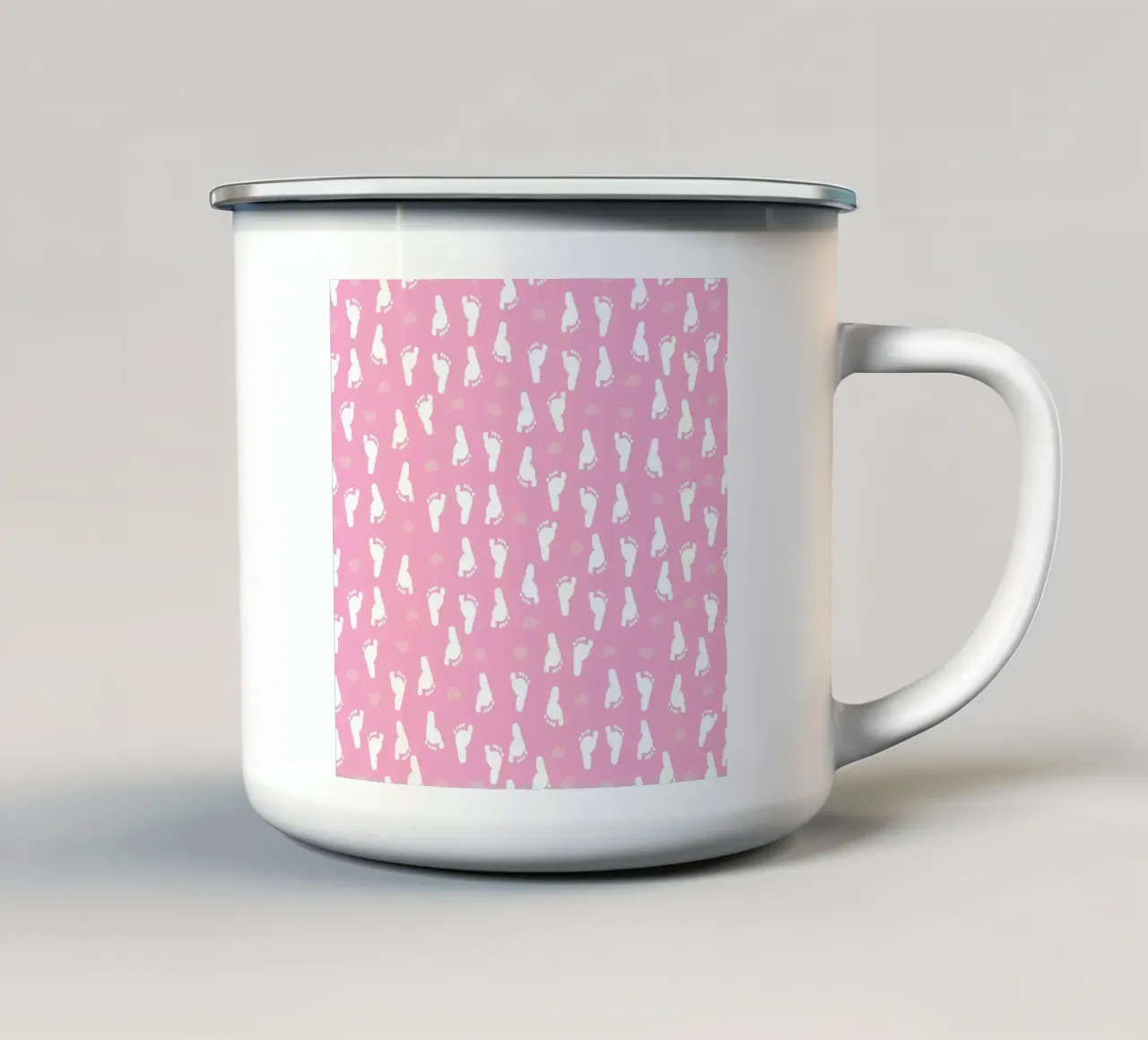 Baby foot print and hearts pattern with pink background enamel mug by gulsengunel