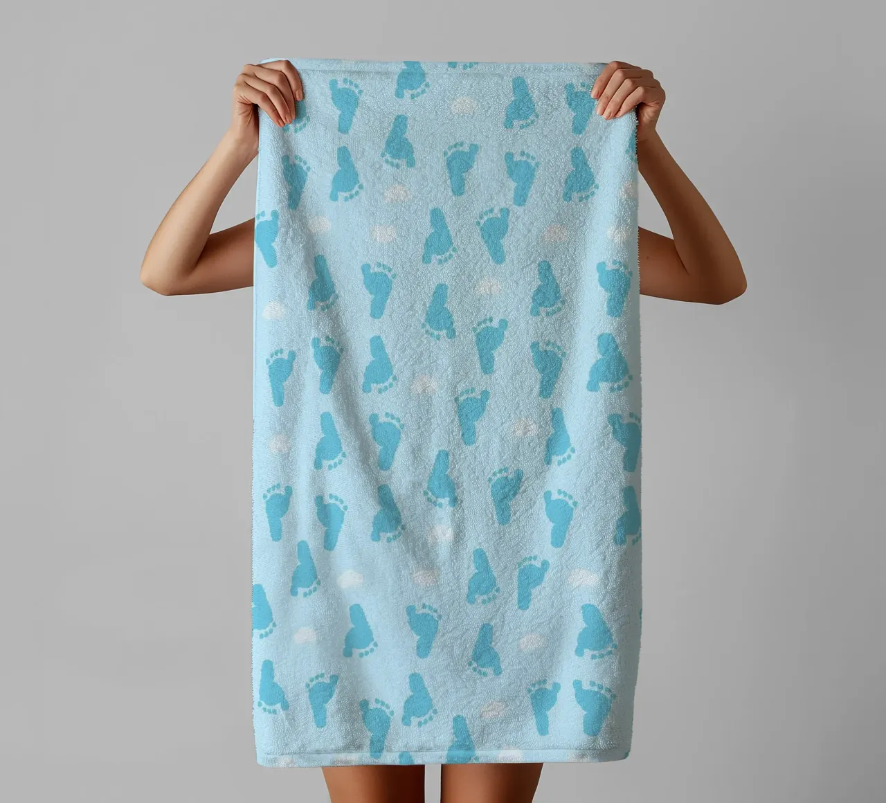 Baby foot print and hearts pattern with blue background towel by gulsengunel