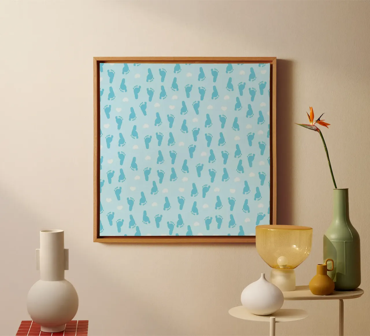 Baby foot print and hearts pattern with blue background canvas by gulsengunel